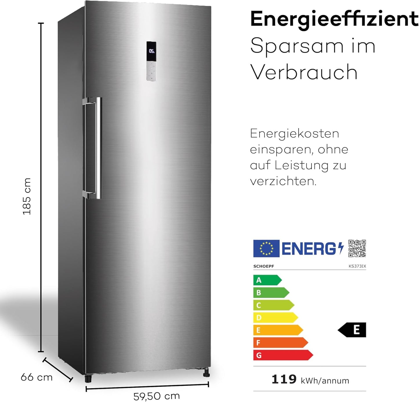 SCHOEPF KS373IX Vollraum-Kühlschrank 185 cm / EEK: E / Inox-Look / 373 Liter