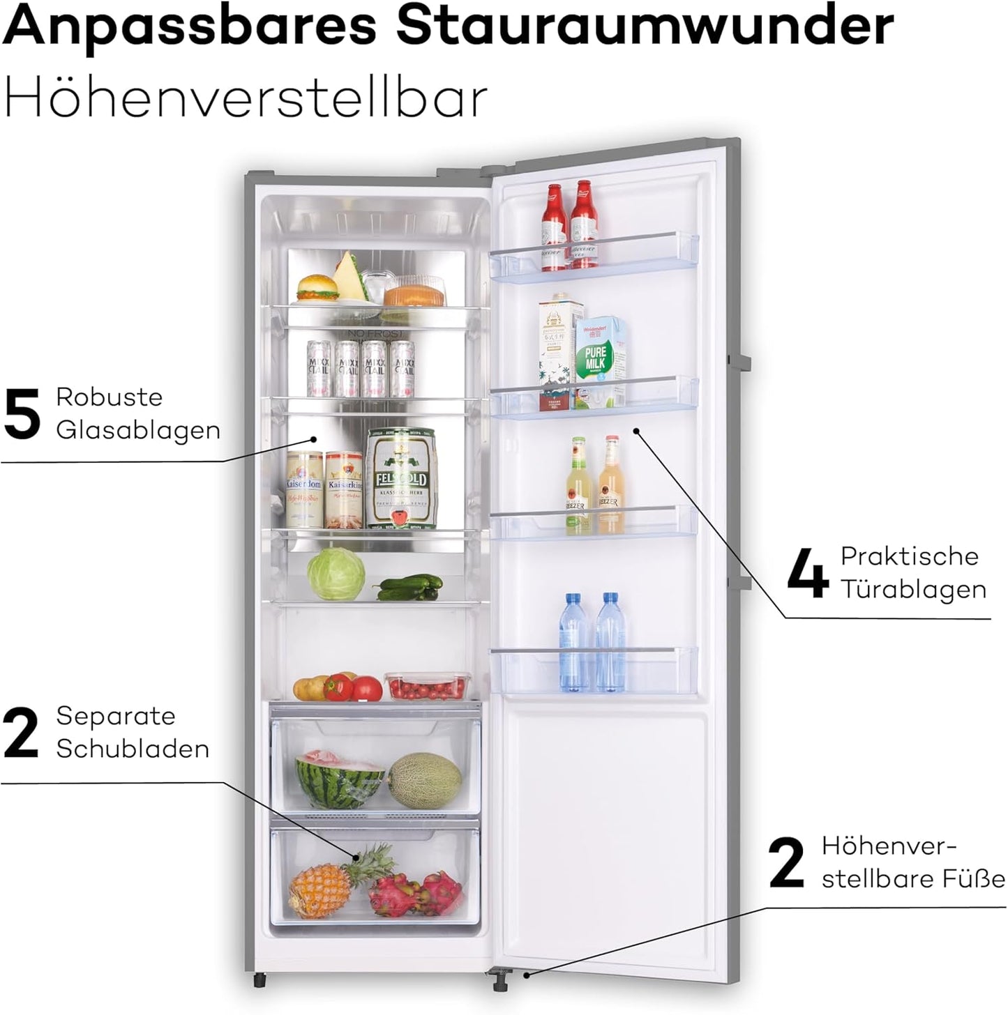 SCHOEPF KS373IX Vollraum-Kühlschrank 185 cm / EEK: E / Inox-Look / 373 Liter